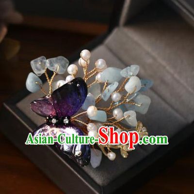 Handmade Retro Wedding Hair Claw Top Grade Hair Accessories Hair Stick Amethyst Butterfly Hair Pin for Women