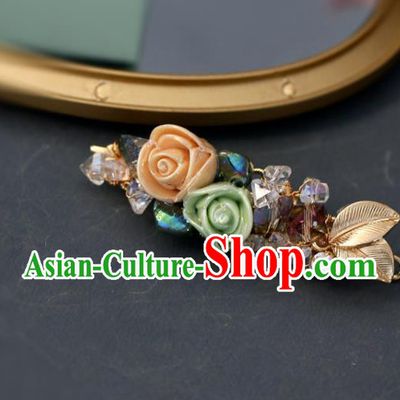 Handmade Retro Yellow and Green Roses Hair Claw Top Grade Hair Accessories Hair Stick Hair Pin for Women