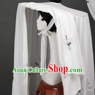 Chinese Traditional Ancient Swordsman Headwear Handmade Hanfu Embroidered Crane White Veil Bamboo Hat for Women