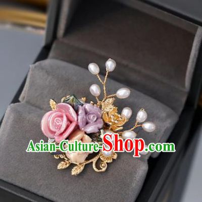 Top Grade Classical Colorful Roses Brooch Accessories Handmade Cheongsam Golden Breastpin for Women