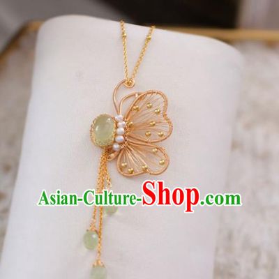 Baroque Handmade Golden Butterfly Jewelry Accessories European Novel Design Prehnite Tassel Necklace for Women