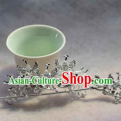 Chinese Traditional Ancient Princess Argent Phoenix Hair Crown and Hairpin Hair Clip Hanfu Hair Accessories Headwear for Women