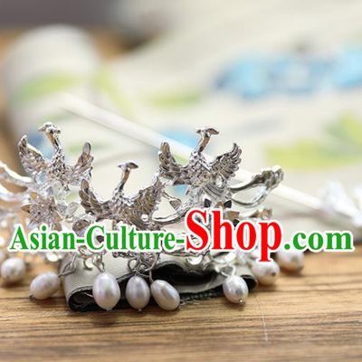 Chinese Traditional Ancient Princess Argent Phoenix Pearls Tassel Hair Crown and Hairpin Hair Clip Hanfu Hair Accessories Headwear for Women