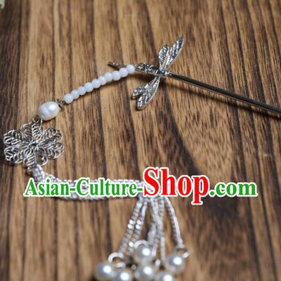 Chinese Traditional Ancient Princess Argent Dragonfly Hair Clip Hanfu Hair Accessories Headwear Tassel Hairpin for Women