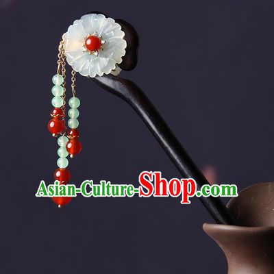 Chinese Traditional Cloisonne Hsiuyen Jade Flower Hairpins Hair Accessories Decoration Handmade Hair Accessories Ebony Hair Clip for Women