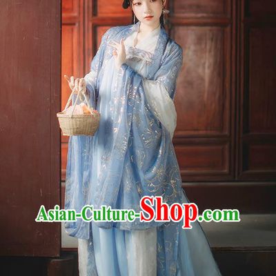 Chinese Tang Dynasty Princess Blue Cape Blouse and Dress Traditional Hanfu Garment Ancient Noble Female Historical Costumes Full Set
