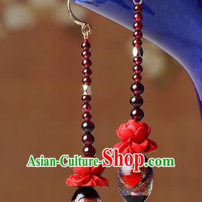 Traditional Chinese Garnet Beads Ear Accessories Handmade Eardrop National Cheongsam Red Rose Earrings for Women