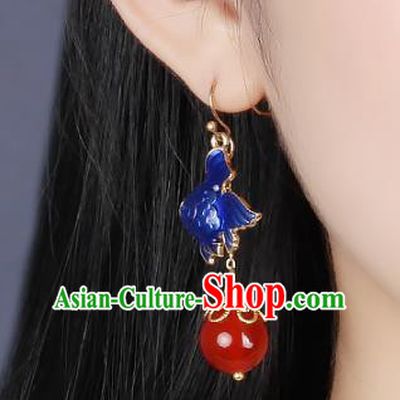 Traditional Chinese Blueing Fish Ear Accessories Handmade Eardrop National Cheongsam Red Bead Earrings for Women