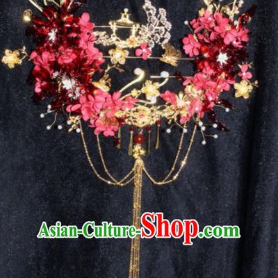Top Grade Chinese Classical Wedding Red Flowers Round Fan Accessories Handmade Ancient Bride Palace Fans for Women