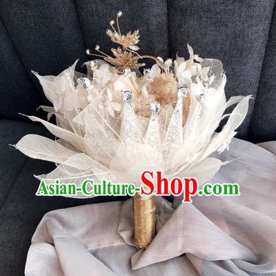 Baroque Princess Beige Leaf Bridal Bouquet Handmade Wedding Accessories Photography Prop Bride Crystal Flowers for Women