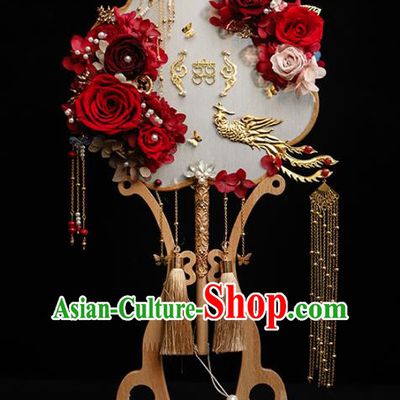 Top Grade Chinese Classical Wedding Tassel Round Fan Accessories Handmade Ancient Bride Red Roses Palace Fans for Women