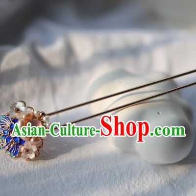Handmade Chinese Classical Ming Dynasty Cloisonne Lotus Hair Accessories Traditional Hanfu Headwear Ancient Princess Pearls Hairpins for Women