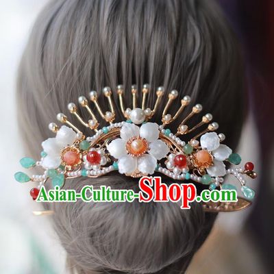 Handmade Chinese Tang Dynasty Pearls Hair Clip Traditional Classical Hanfu Hair Accessories Ancient Princess Shell Flower Hairpins for Women