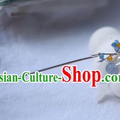 Handmade Chinese Argent Bamboo Leaf Hair Clip Traditional Classical Hanfu Hair Accessories Ancient Princess Blue Plum Hairpins for Women
