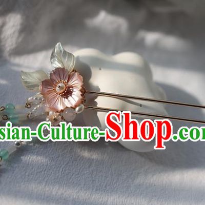 Handmade Chinese Pink Shell Plum Hair Claws Traditional Classical Hanfu Hair Accessories Ancient Princess Pearls Tassel Hairpins for Women
