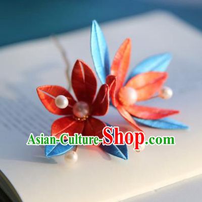 Handmade Chinese Red Silk Flowers Hairpins Traditional Classical Hair Accessories Ancient Princess Hair Clip for Women