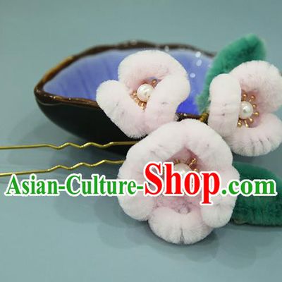 Handmade Chinese Qing Dynasty Pink Velvet Peach Blossom Hairpins Traditional Classical Hair Accessories Ancient Imperial Consort Hair Clip for Women