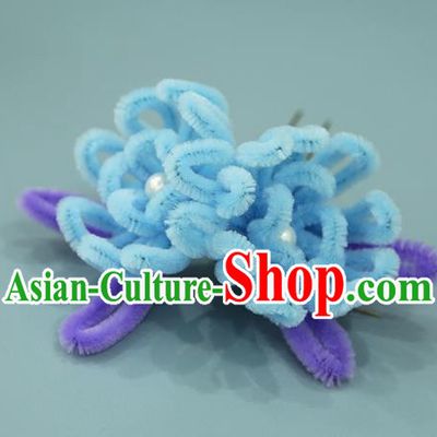Handmade Chinese Qing Dynasty Blue Velvet Chrysanthemum Hairpins Traditional Classical Hair Accessories Ancient Imperial Consort Hair Clip for Women