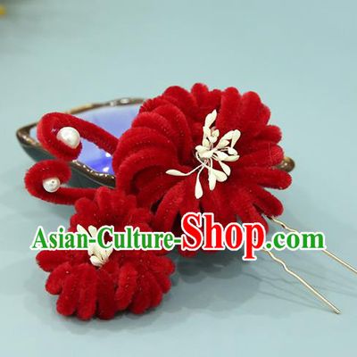 Handmade Chinese Qing Dynasty Red Velvet Chrysanthemum Hairpins Traditional Classical Hair Accessories Ancient Imperial Consort Hair Clip for Women