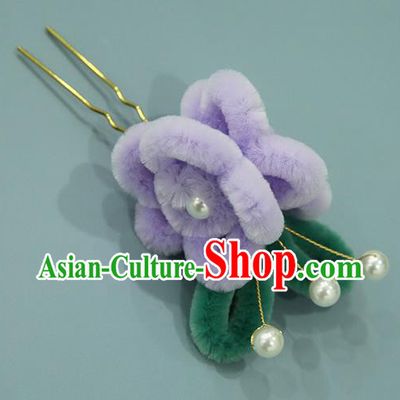 Handmade Chinese Qing Dynasty Purple Velvet Peach Blossom Hairpins Traditional Classical Hair Accessories Ancient Imperial Consort Hair Clip for Women