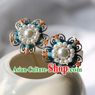 Handmade Chinese Court Blue Hair Clip Traditional Classical Hair Accessories Ancient Qing Dynasty Imperial Consort Pearls Hairpins for Women