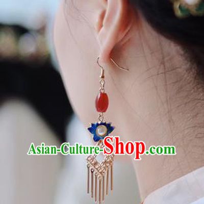 Traditional Chinese Handmade Agate Earrings Ancient Hanfu Court Blueing Lotus Ear Accessories for Women