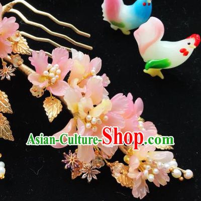 Handmade Chinese Court Pink Flowers Hair Clip Traditional Classical Hair Accessories Ancient Qing Dynasty Princess Hairpins for Women