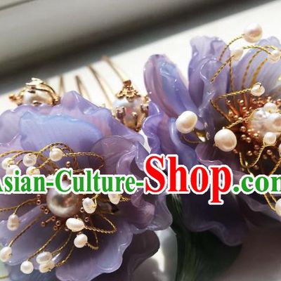 Handmade Chinese Court Hairpins Traditional Classical Hair Accessories Ancient Qing Dynasty Princess Purple Peony Hair Comb for Women