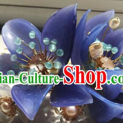 Handmade Chinese Court Chalcedony Hairpins Traditional Classical Hair Accessories Ancient Qing Dynasty Princess Blue Lotus Hair Comb for Women