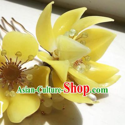 Handmade Chinese Court Pink Chalcedony Hairpins Traditional Classical Hair Accessories Ancient Qing Dynasty Princess Yellow Lotus Hair Comb for Women