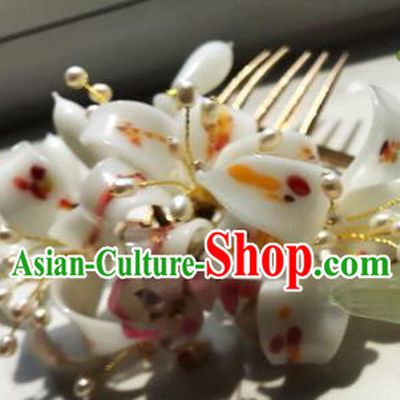 Handmade Chinese Court Princess Hairpins Traditional Classical Hair Accessories Ancient Qing Dynasty White Lily Flowers Hair Comb for Women
