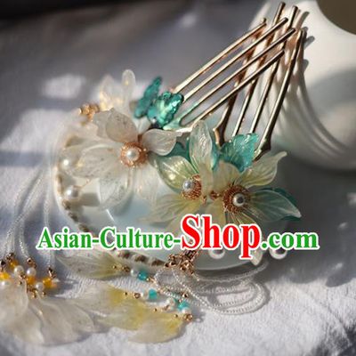 Handmade Chinese Flowers Tassel Hair Combs Traditional Classical Hanfu Hair Accessories Ancient Glass Hairpins for Women