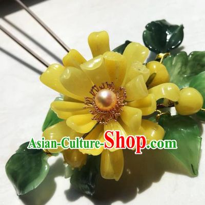Handmade Chinese Court Flowers Hairpins Traditional Classical Hair Accessories Ancient Qing Dynasty Yellow Chrysanthemum Hair Clip for Women
