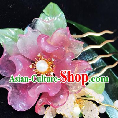 Handmade Chinese Court Beads Leaf Hairpins Traditional Classical Hair Accessories Ancient Qing Dynasty Pink Peony Hair Comb for Women