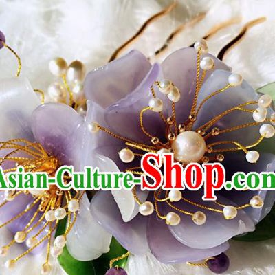 Handmade Chinese Classical Amethyst Beads Hairpins Traditional Hair Accessories Ancient Qing Dynasty Purple Peony Hair Comb for Women