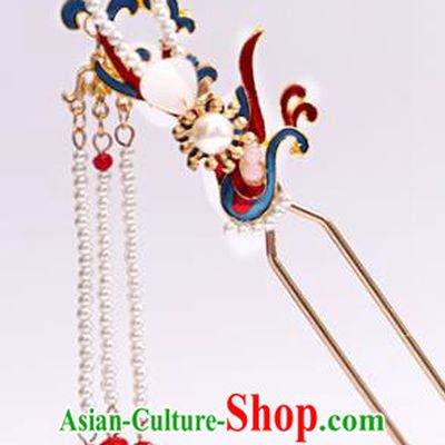 Handmade Chinese Classical Blueing Phoenix Hairpins Traditional Hair Accessories Ancient Qing Dynasty Pearls Tassel Hair Clip for Women