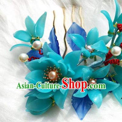 Handmade Chinese Court Blue Peach Blossom Hair Comb Traditional Classical Hair Accessories Ancient Qing Dynasty Hairpins for Women