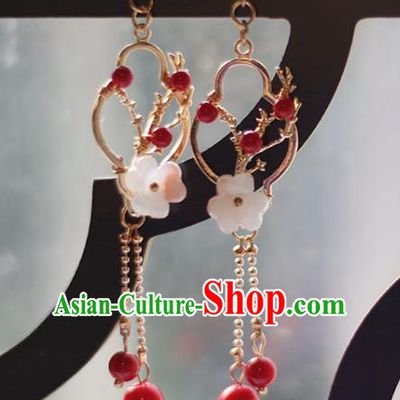 Traditional Chinese Handmade Plum Earrings Ancient Hanfu Red Beads Tassel Ear Accessories for Women