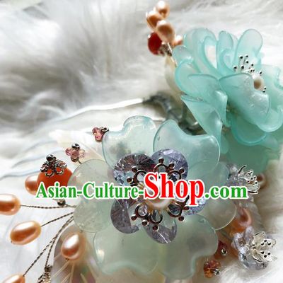 Handmade Chinese Court Green Peony Hair Comb Traditional Classical Hair Accessories Ancient Qing Dynasty Pearls Hairpins for Women
