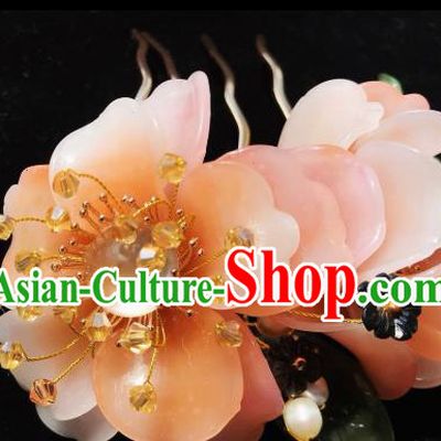 Handmade Chinese Court Pink Peony Hair Comb Traditional Classical Hair Accessories Ancient Qing Dynasty Albite Hairpins for Women