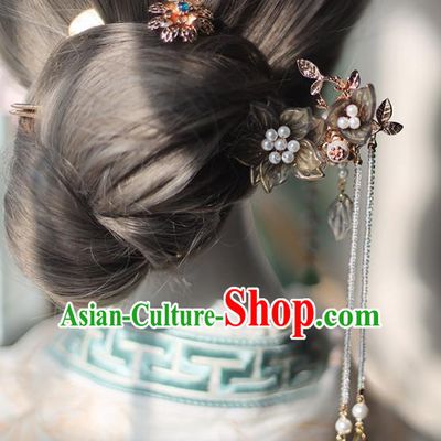 Handmade Chinese Beads Tassel Hair Clip Traditional Classical Hanfu Hair Accessories Ancient Grey Lotus Hairpins for Women