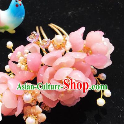 Handmade Chinese Court Pink Hair Comb Traditional Classical Hair Accessories Ancient Qing Dynasty Peony Hairpins for Women