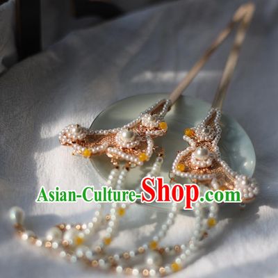 Handmade Chinese Song Dynasty Hair Clip Traditional Classical Hanfu Hair Accessories Ancient Empress Pearls Tassel Hairpins for Women