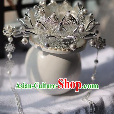 Handmade Chinese Classical Argent Lotus Hair Crown Traditional Hair Accessories Ancient Hanfu Tassel Hairpins for Women