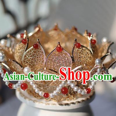 Handmade Chinese Classical Golden Lotus Hair Crown Traditional Hair Accessories Ancient Hanfu Red Beads Hairpins for Women
