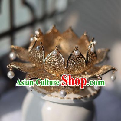 Handmade Chinese Classical Golden Lotus Hair Crown Traditional Hair Accessories Ancient Hanfu White Beads Hairpins for Women