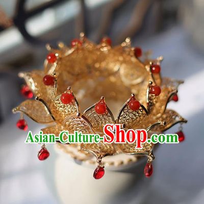 Handmade Chinese Classical Red Beads Hair Crown Traditional Hair Accessories Ancient Hanfu Golden Lotus Hairpins for Women