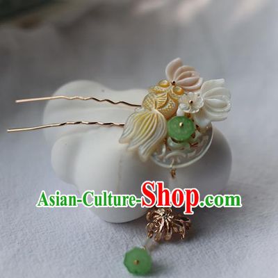 Handmade Chinese Tassel Hair Clip Traditional Classical Hanfu Hair Accessories Ancient Princess Shell Carving Goldfish Hairpins for Women