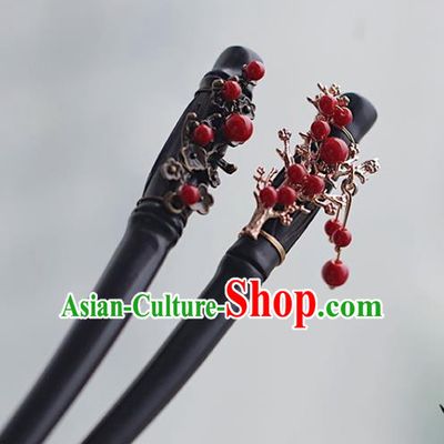 Handmade Chinese Classical Red Beads Hair Clip Traditional Hair Accessories Ancient Hanfu Carving Plum Ebony Hairpins for Women