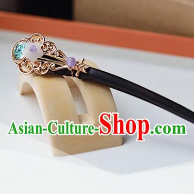 Handmade Chinese Classical Green Bead Lute Hair Clip Traditional Hair Accessories Ancient Hanfu Ebony Hairpins for Women
